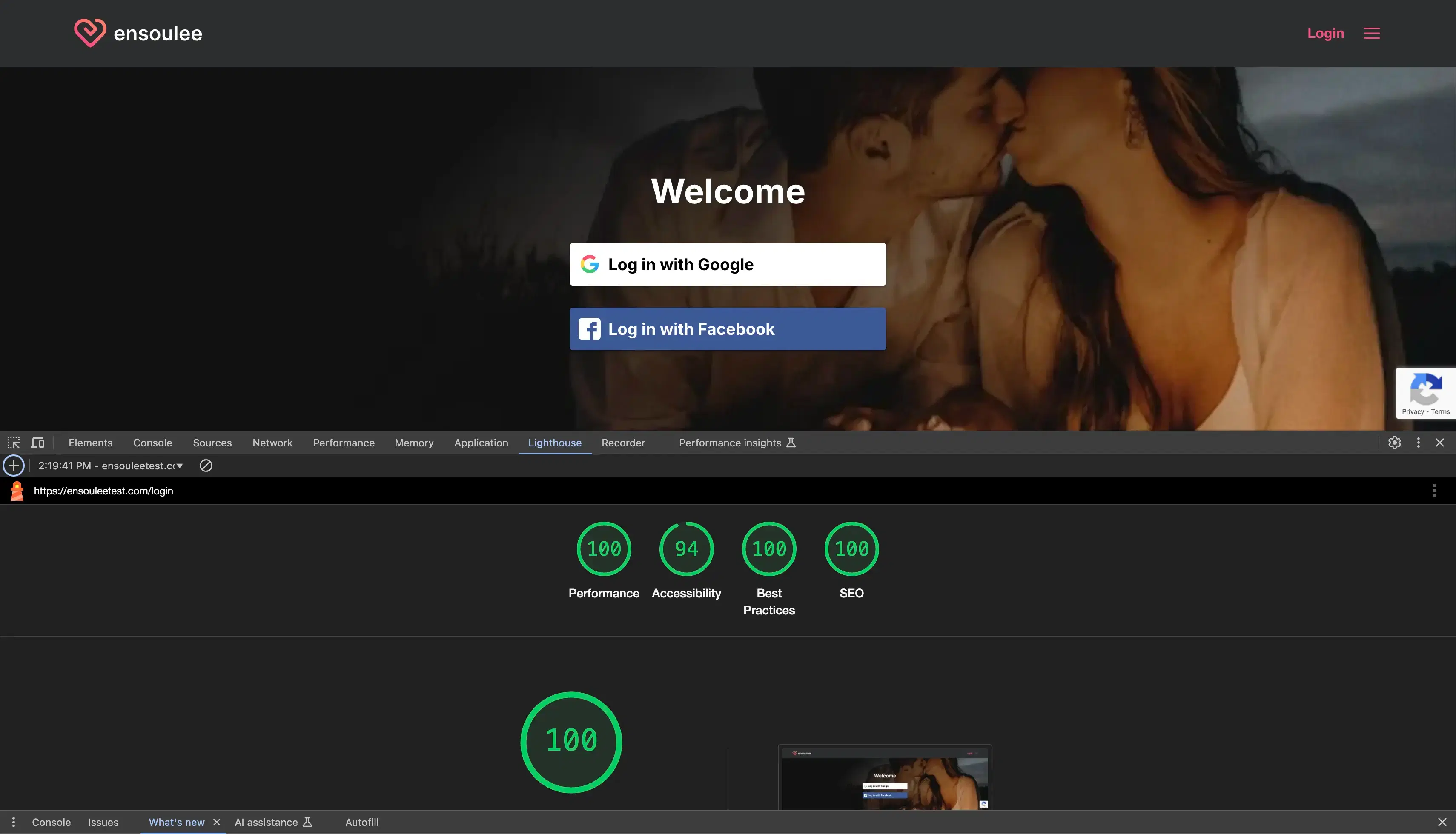 Lighthouse performance scores showing 100 in Performance, 100 in Accessibility, 100 in SEO, and 100 in Best Practices